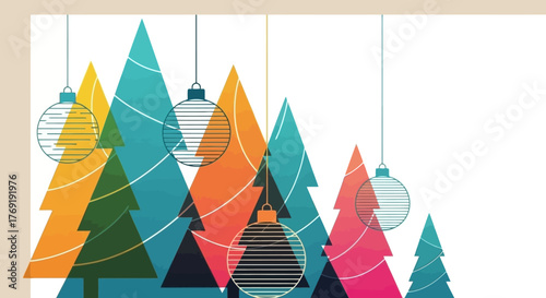 Abstract Christmas Trees and Ornaments on White Background