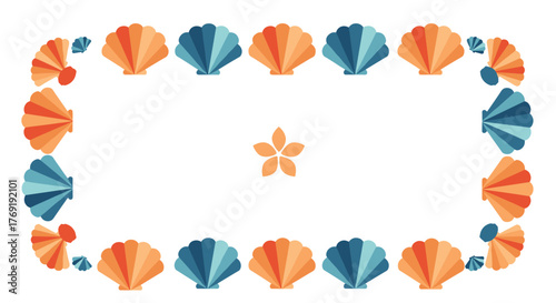 A decorative rectangular border of orange and blue seashells, with small shells at the corners, and a central orange starfish on a clean white background.