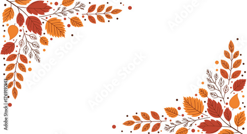 Elegant autumnal leaves and branches in vibrant red and orange forming a corner frame design on a clear white background.