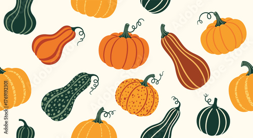 A delightful seamless pattern featuring a variety of colorful pumpkins and gourds, perfect for autumn, harvest, and Thanksgiving-themed designs.