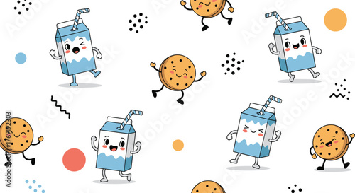 Playful seamless pattern of dancing milk cartons and happy chocolate chip cookies, celebrating a sweet and cheerful snack time.