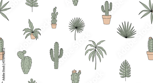 Charming hand-drawn seamless pattern featuring various green plants like cacti, succulents, and tropical leaves on a pristine white background.