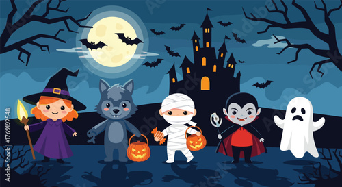 Cute children in Halloween costumes including a witch, werewolf, mummy, vampire, and ghost trick-or-treating outside a haunted castle at night.