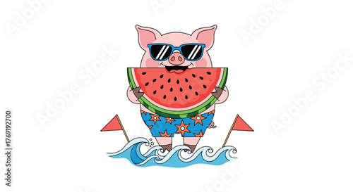 A cheerful cartoon pig wearing sunglasses and swim trunks, happily holding a large slice of watermelon while standing in the ocean with flags.