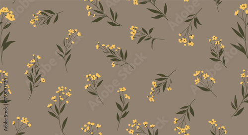 A charming seamless pattern features delicate yellow wild flowers with green stems scattered across a warm brown background, perfect for textiles or digital designs.
