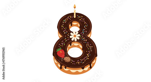 A celebratory number eight formed by chocolate-glazed donuts, topped with sprinkles, a strawberry, a flower, and a lit birthday candle.