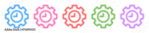 Neon time settings vector icons, Glowing schedule icon, Bright process symbol and Luminous workflow management