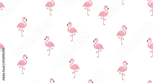 A delightful seamless pattern featuring numerous pink flamingos standing gracefully on a clean white background, creating a tropical and elegant design.