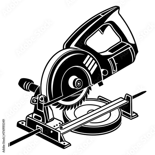 a flat-style vector icon of a black miter saw silhouette, no background, minimal clean design.