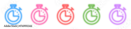Neon stopwatch vector icons, Glowing timer symbol, Bright chronometer and Shiny countdown