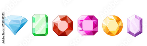 Collection of colorful cartoon gemstones in various cuts and shapes, isolated on white background
