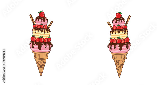 Two identical tall ice cream cones featuring multiple scoops of strawberry and vanilla, adorned with chocolate drizzle, fresh strawberries, and wafer sticks.