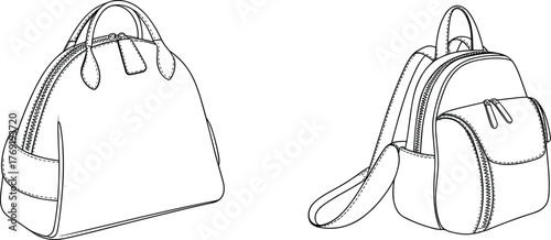 Handbag and Backpack Vector Outline Set | Fashion CAD Line Art for Bag Design Templates