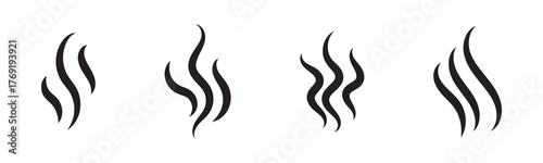 Smoke steam icon vector logo set. Smoke smell, steam aroma heat icon illustration. Hot vapor fire doodle line logo. Hit stink, coffee, fragrance flame elements. Vector illustration. 