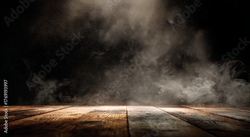 Smoke on Wooden Floor with Dark Background.