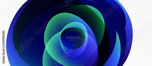 Abstract design features overlapping circular layers. Blue, green hues create dynamic visual effect. Modern, minimalist style.