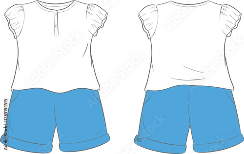 Kids summer outfit, flutter sleeve top and rolled hem shorts, CAD flat fashion vector, children clothing design illustration template