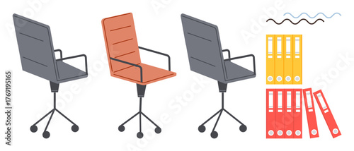 Three swivel office chairs and stacks of yellow and red file folders suggesting organization, productivity, and office settings. Ideal for workspace, productivity, business, teamwork, planning