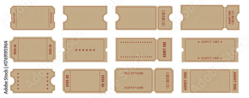 A set of blank, brown kraft paper vintage-style tickets with red outlines and perforations