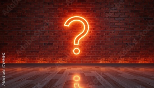 Neon question mark on a brick wall with wooden floor reflection.