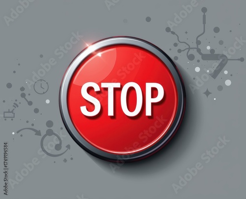 Bright red stop button with bold letters against a gray background, surrounded by abstract design.