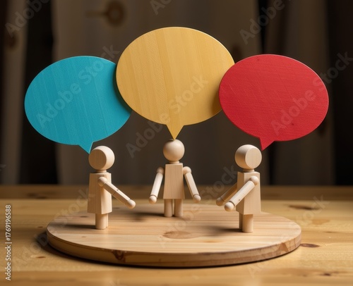 Three wooden figures with colorful speech bubbles in a casual discussion setting.
