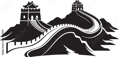 Great Wall of China Landmark Sightseeing Silhouette Art Design Vector Illustration
