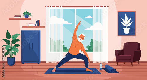 Active senior man practicing mindful yoga at home, finding peace and promoting health through exercise in a comfortable living room setting