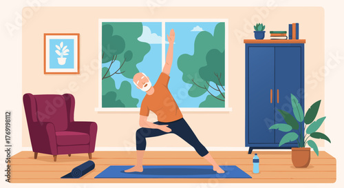 Senior Man Practicing Yoga at Home A Path to Wellness and Flexibility