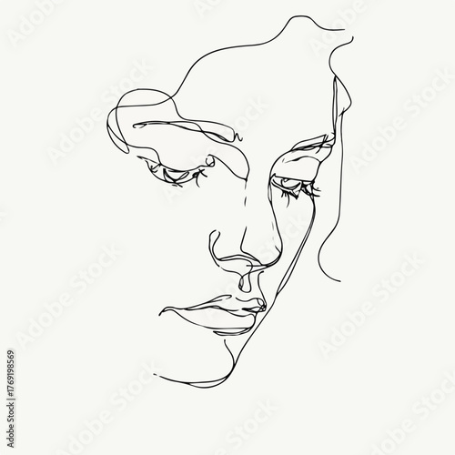 Elegant single-line portrayal of melancholic face