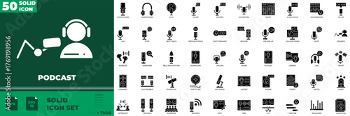 Podcast Solid Editable Icons set. Vector illustration in modern thin solid style of Podcast icons: broadcasting, conversation, sound, etc