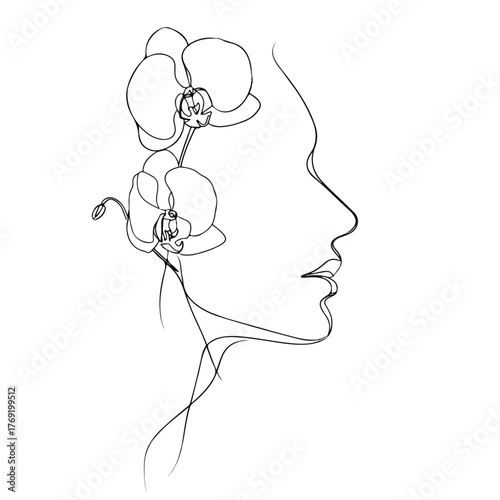 Elegant profile line art with flowing orchids