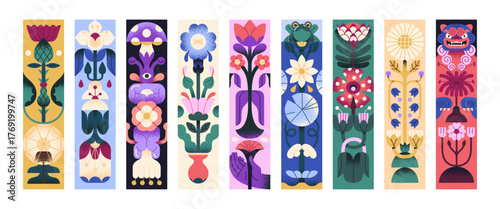 Set of designs of bookmark patterns with nature. Book marks templates with floral print: strange abstract flowers, whimsical wildflower, blooming plants with leaves. Flat vector illustrations