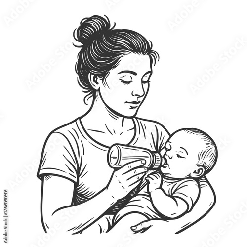 loving mother feeding her infant with a bottle, capturing nurturing care and parental tenderness sketch engraving generative ai fictional character vector illustration. Scratch board. Black and white.