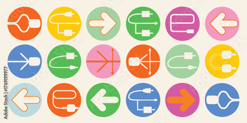 Collection of stylized arrows and connectors in colorful circles on a cream background