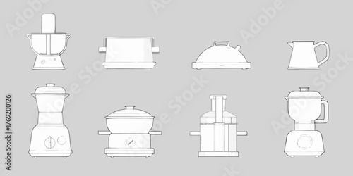 Collection of hand drawn kitchen appliances and cookware elements on a gray background