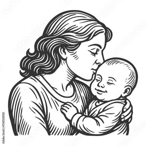 loving mother gently kissing her peacefully sleeping baby, sketch engraving generative ai fictional character vector illustration. Scratch board imitation. Black and white image.