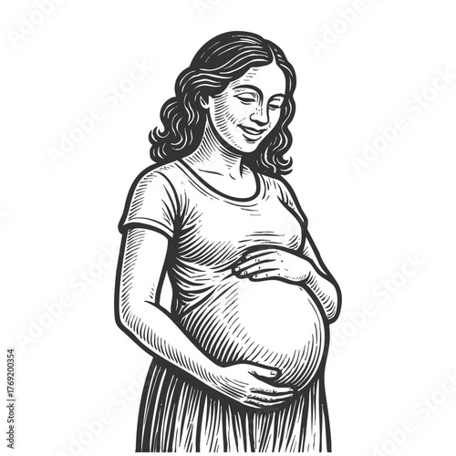 smiling pregnant woman gently cradling her belly sketch engraving generative ai fictional character vector illustration. Scratch board imitation. Black and white image.