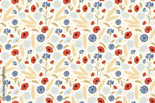 Seamless Floral Pattern with Poppies, Daisies, Cornflowers and Wheat