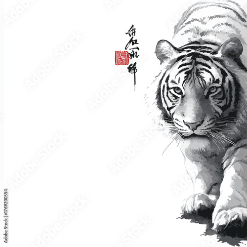 Chinese ink painting tiger lines isolated on wihte background
