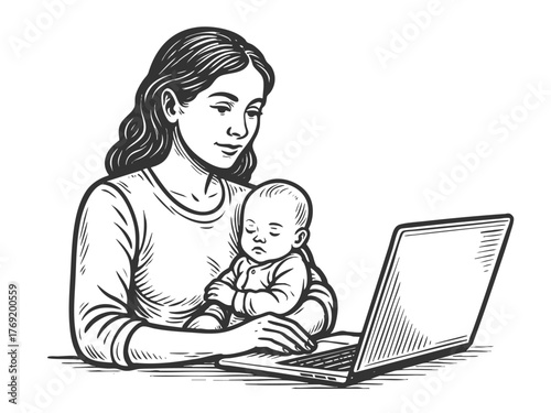 multitasking mother using a laptop with a sleeping baby in her arms sketch engraving generative ai fictional character vector illustration. Scratch board imitation. Black and white image.