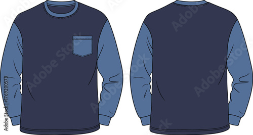 Men’s long sleeve sweatshirt vector template, color block crewneck t-shirt with chest pocket, fashion flat apparel CAD design illustration