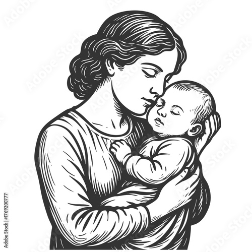 loving mother gently kissing her peacefully sleeping baby, sketch engraving generative ai fictional character vector illustration. Scratch board imitation. Black and white image.