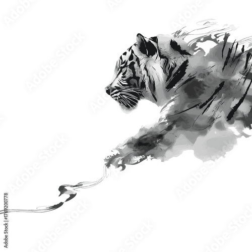 Chinese ink painting tiger lines isolated on wihte background