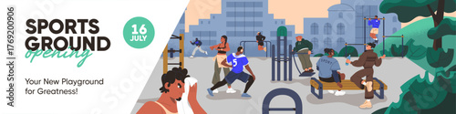 Design of advertising banner of sports ground in urban park. Promotion template of city playground for street workout. Layout with athletes, people training outdoors. Flat vector illustration
