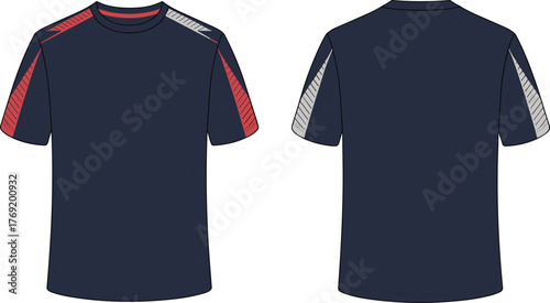 Men’s short sleeve sporty t-shirt flat sketch, vector fashion template, apparel CAD drawing, activewear technical design, front and back view illustration