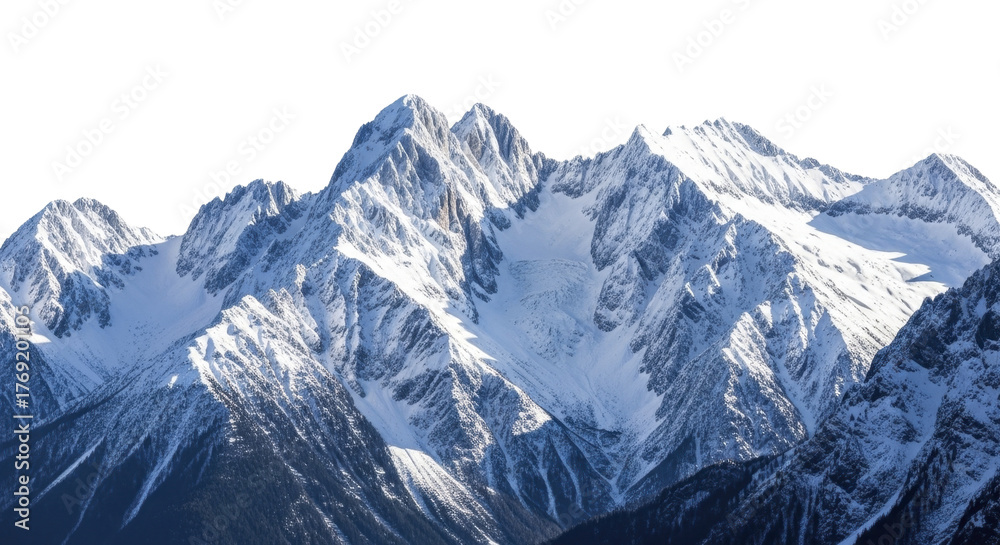 Obraz premium Majestic snow-capped mountain range with sharp peaks on a transparent background, PNG image file