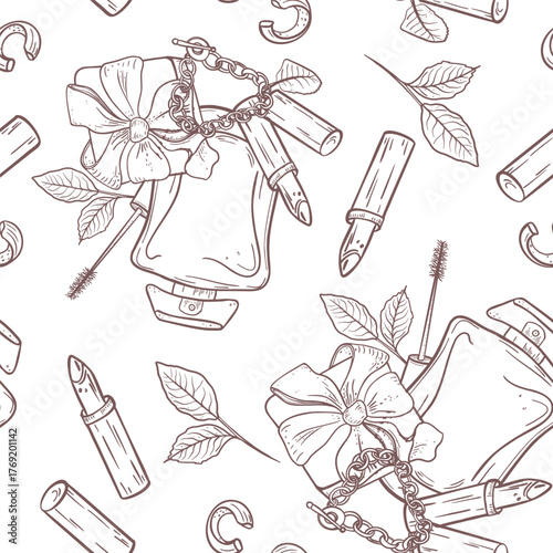 Women's Day Seamless Pattern Black White Vector. Monochrome repeat design with perfume flacons, gift box, lipsticks and botanical elements in line art. Outline pattern for packaging March 8th.