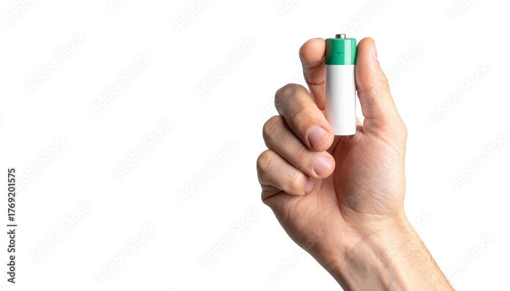 Fototapeta premium Hand holding a AA battery, showing its size and the concept of power and energy