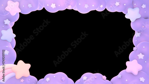 3D render pastel clouds and stars frame on black background.